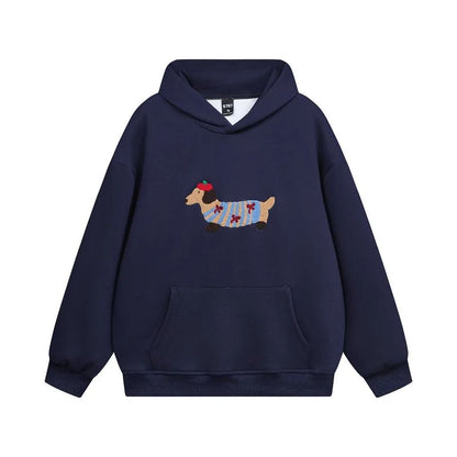 Cozy cotton blend oversized hoodie featuring cute dachshund embroidery, perfect for fall and winter, available in navy blue, white, and gray with a 5