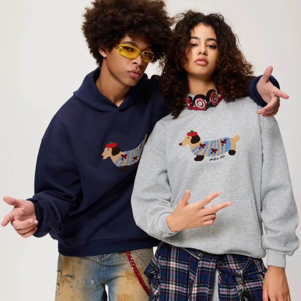 Cozy cotton blend oversized hoodie featuring cute dachshund embroidery, perfect for fall and winter, available in navy blue, white, and gray with a 2