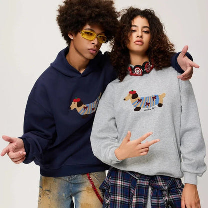 Cozy cotton blend oversized hoodie featuring cute dachshund embroidery, perfect for fall and winter, available in navy blue, white, and gray with a 2
