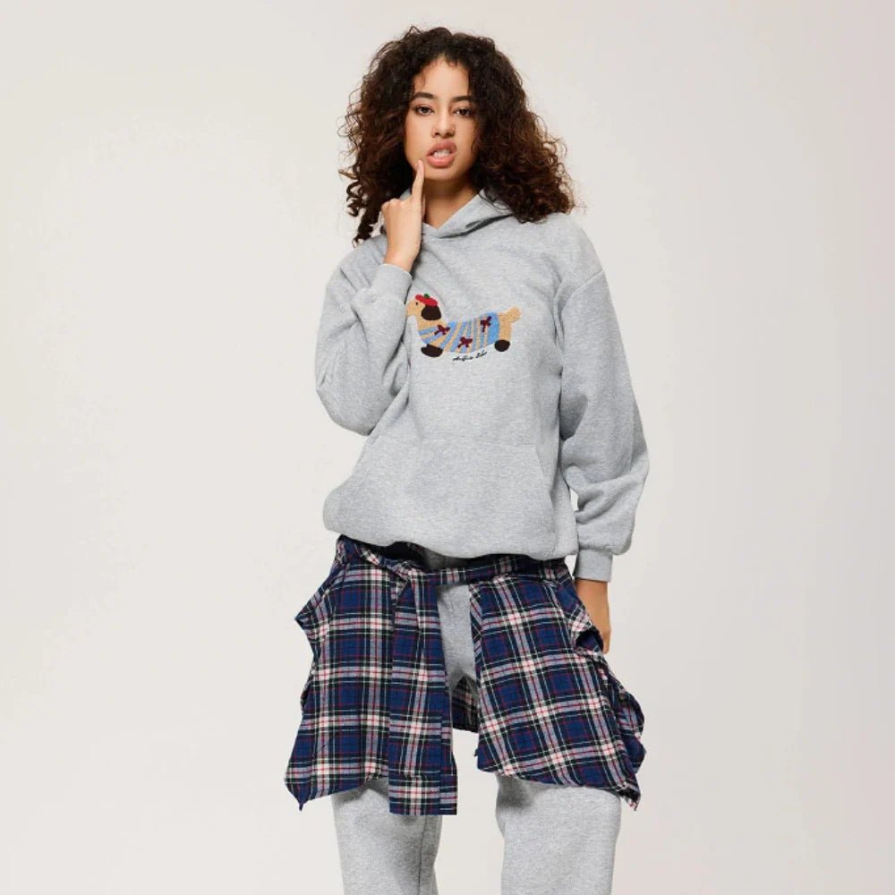 Cozy cotton blend oversized hoodie featuring cute dachshund embroidery, perfect for fall and winter, available in navy blue, white, and gray with a 3