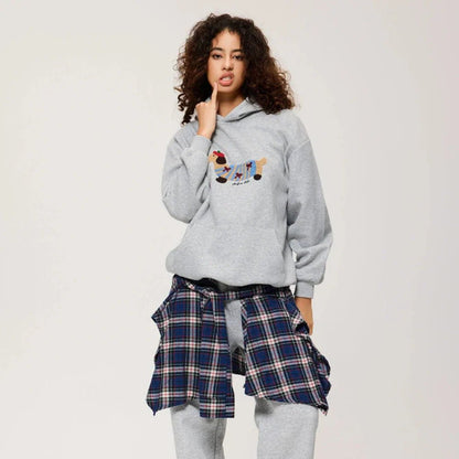 Cozy cotton blend oversized hoodie featuring cute dachshund embroidery, perfect for fall and winter, available in navy blue, white, and gray with a 3