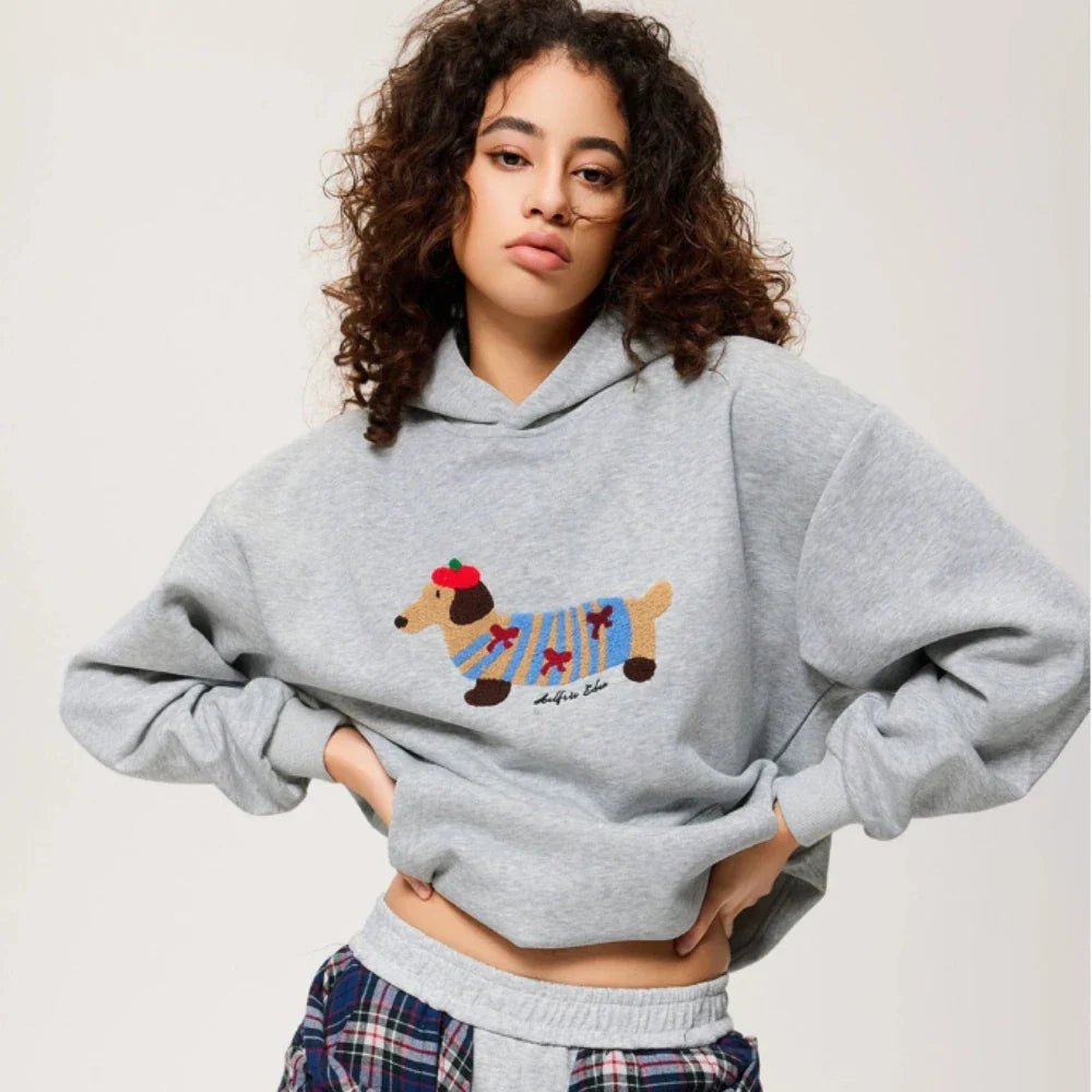 Cozy cotton blend oversized hoodie featuring cute dachshund embroidery, perfect for fall and winter, available in navy blue, white, and gray with a 1