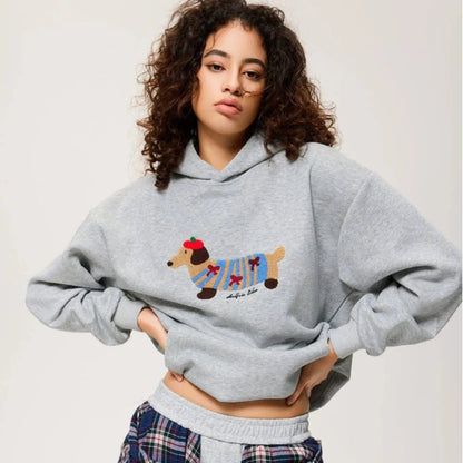 Cozy cotton blend oversized hoodie featuring cute dachshund embroidery, perfect for fall and winter, available in navy blue, white, and gray with a 1