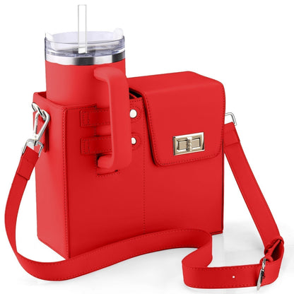 Black crossbody bag featuring a stylish leather and nylon design, equipped with a convenient bottle holder, perfect for women on the go. 5