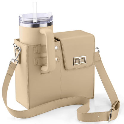 Black crossbody bag featuring a stylish leather and nylon design, equipped with a convenient bottle holder, perfect for women on the go. 4