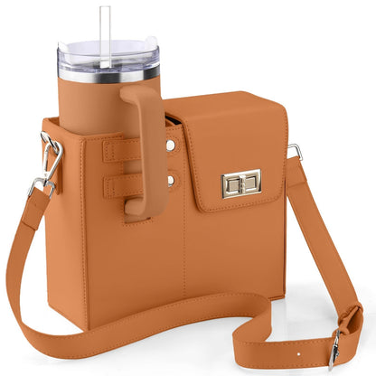 Black crossbody bag featuring a stylish leather and nylon design, equipped with a convenient bottle holder, perfect for women on the go. 9