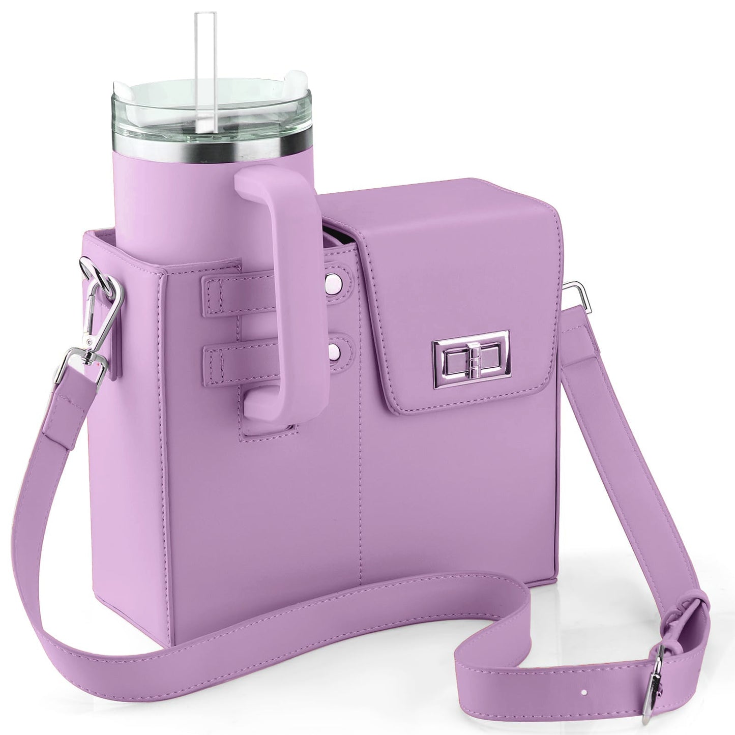 Black crossbody bag featuring a stylish leather and nylon design, equipped with a convenient bottle holder, perfect for women on the go. 3