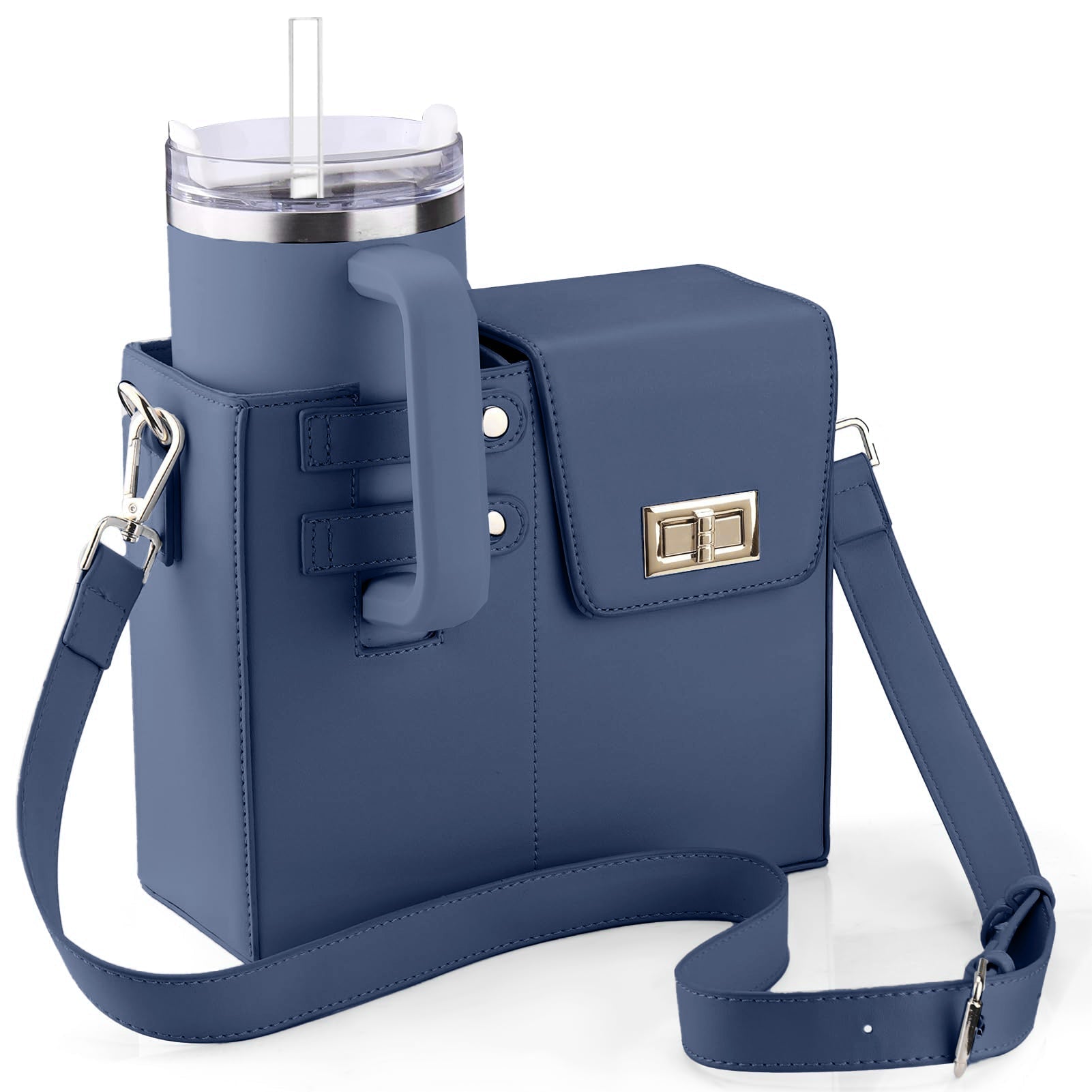 Black crossbody bag featuring a stylish leather and nylon design, equipped with a convenient bottle holder, perfect for women on the go. 2