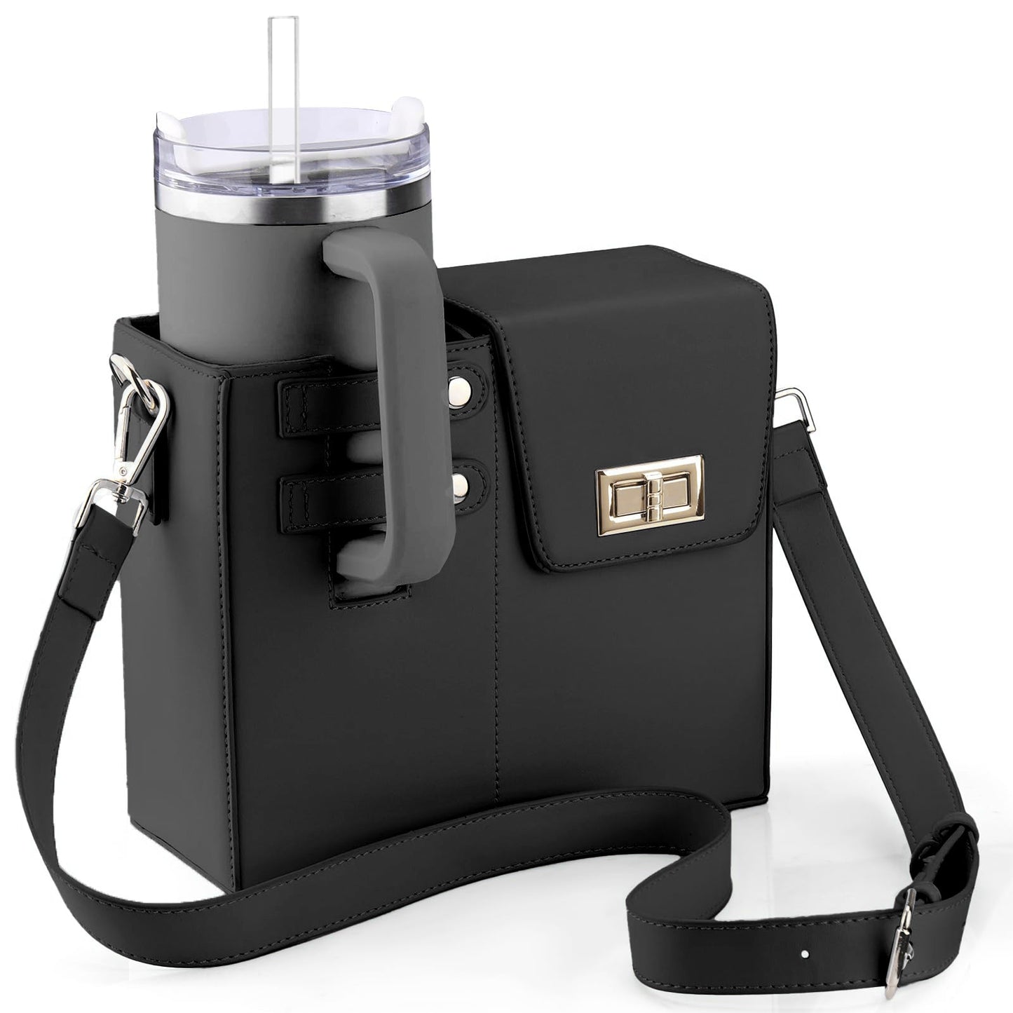 Black crossbody bag featuring a stylish leather and nylon design, equipped with a convenient bottle holder, perfect for women on the go. 1