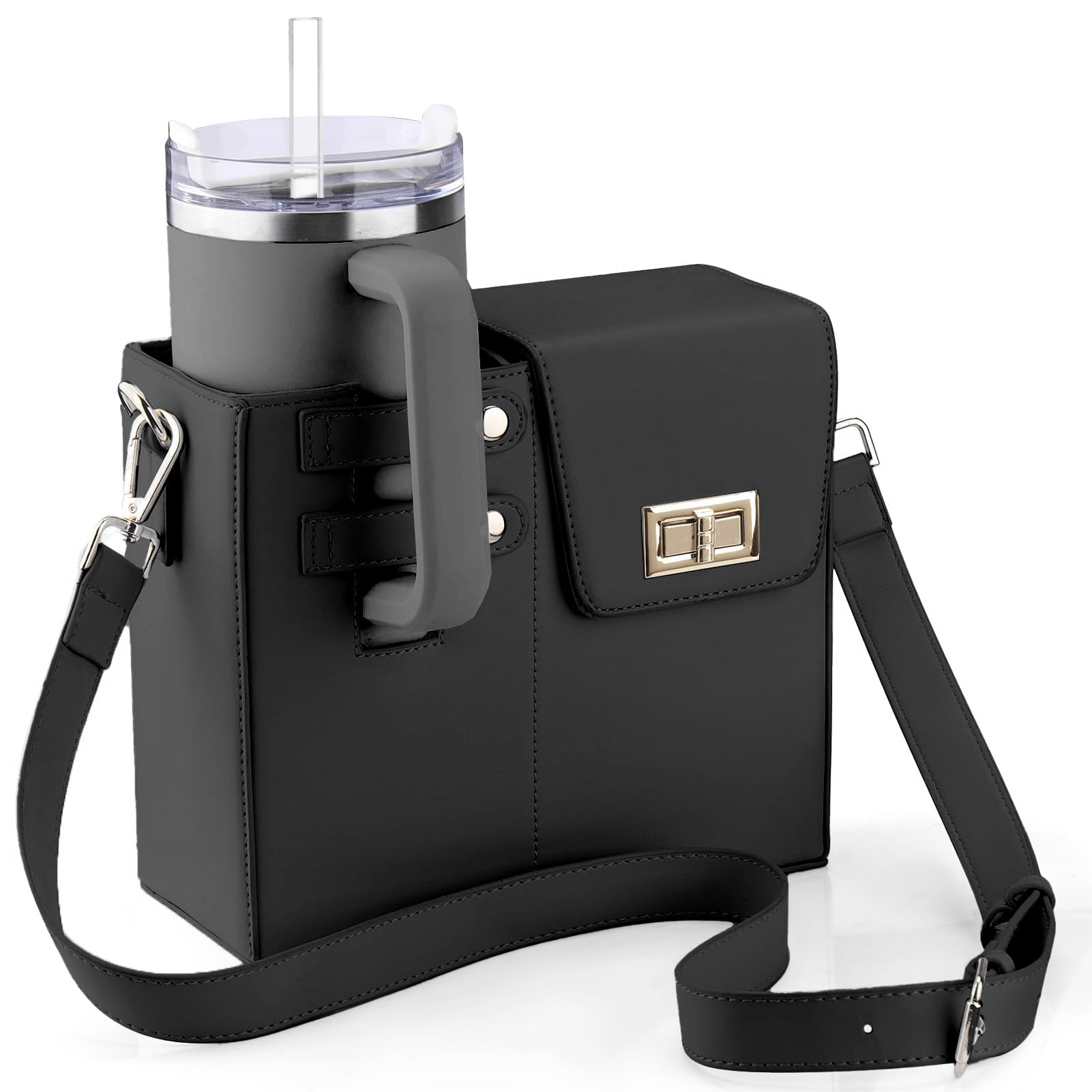 Black crossbody bag featuring a stylish leather and nylon design, equipped with a convenient bottle holder, perfect for women on the go. 1