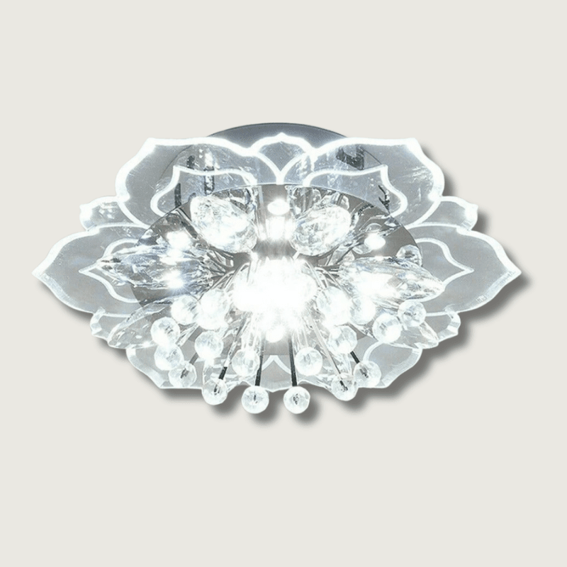 Elegant crystal chandelier featuring a modern flower design with gold accents and built-in LED lights, perfect for enhancing the ambiance of any room. 0