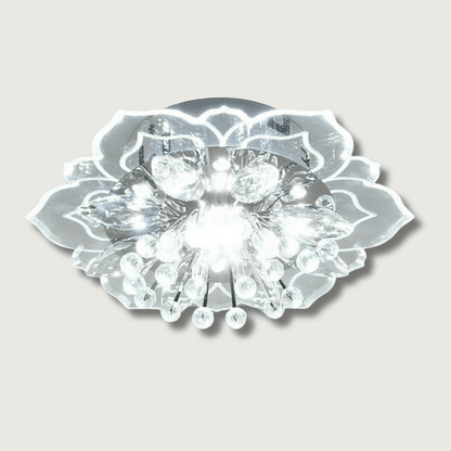 Elegant crystal chandelier featuring a modern flower design with gold accents and built-in LED lights, perfect for enhancing the ambiance of any room. 0