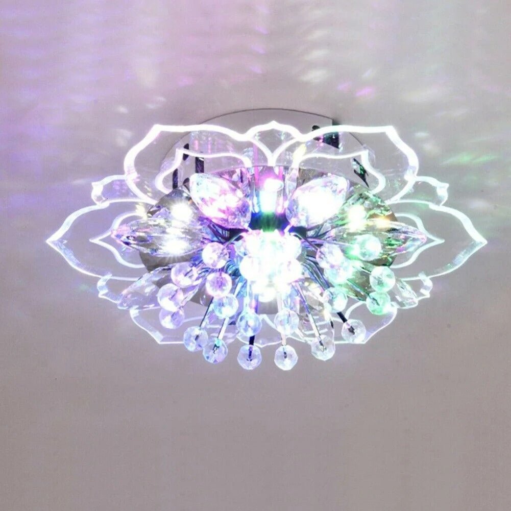 Elegant crystal chandelier featuring a modern flower design with gold accents and built-in LED lights, perfect for enhancing the ambiance of any room. 5