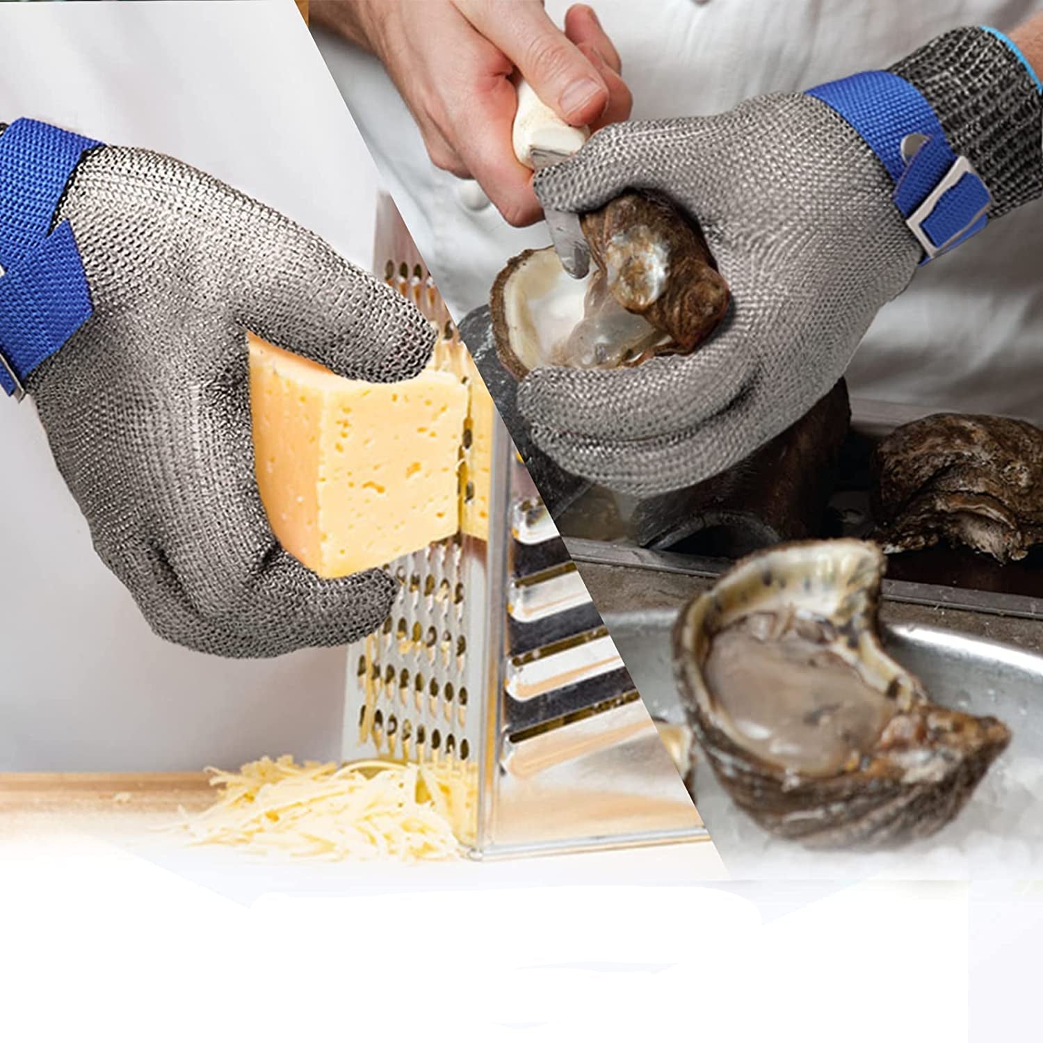 Cut resistant gloves featuring adjustable cuffs made of durable stainless steel mesh, designed for safe handling and protection in industrial and kitchen environments. 4