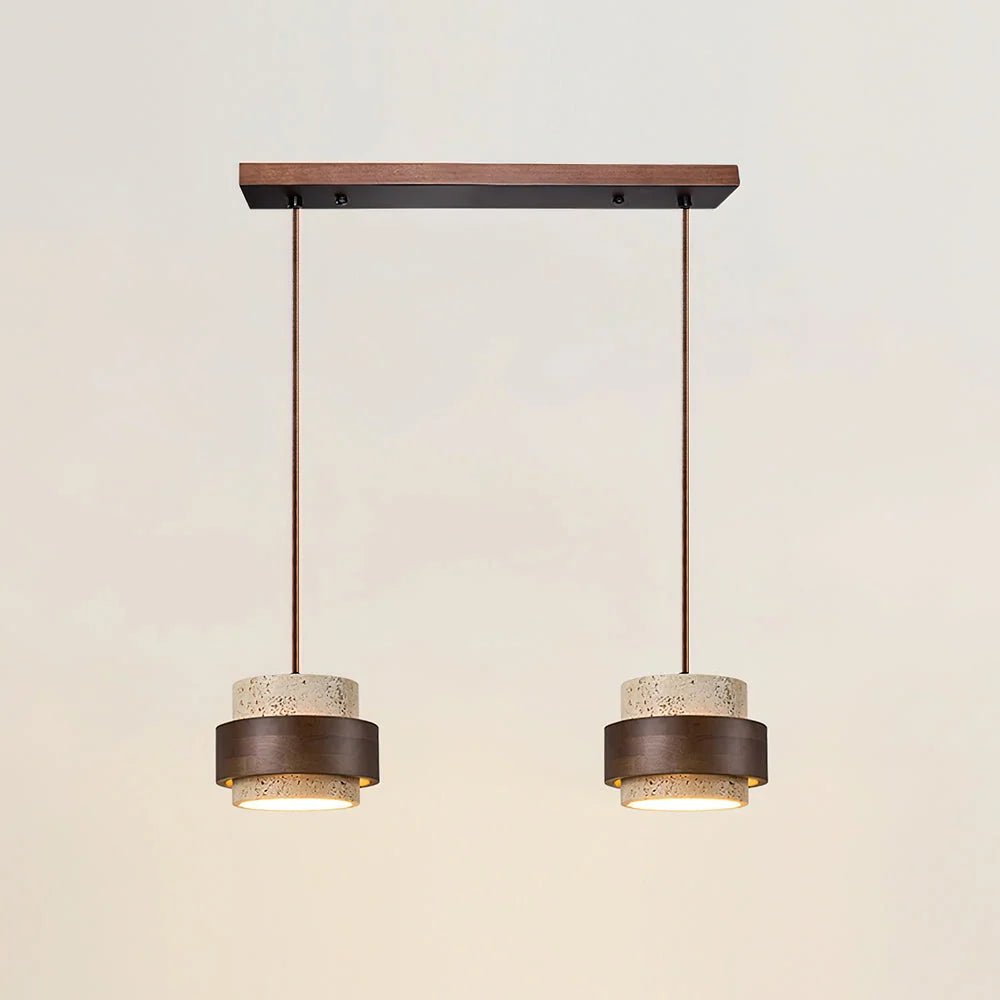 Cylinder pendant light featuring an adjustable height design and a natural travertine shade, perfect for modern kitchen lighting; includes dimmable functionality for customized ambiance 13