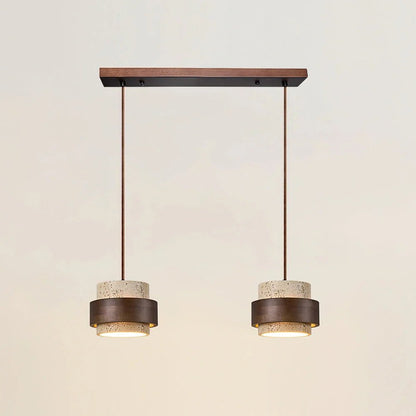 Cylinder pendant light featuring an adjustable height design and a natural travertine shade, perfect for modern kitchen lighting; includes dimmable functionality for customized ambiance 13