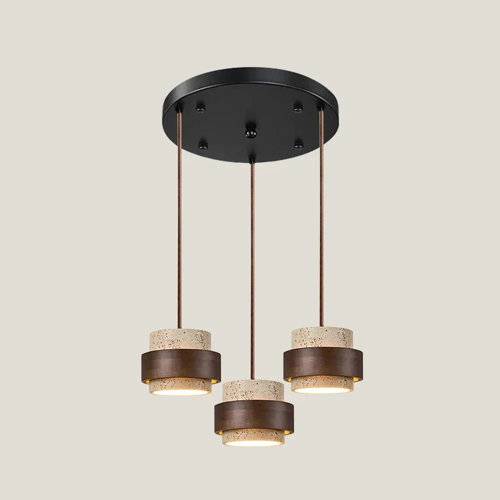 Cylinder pendant light featuring an adjustable height design and a natural travertine shade, perfect for modern kitchen lighting; includes dimmable functionality for customized ambiance 18