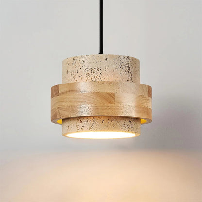 Cylinder pendant light featuring an adjustable height design and a natural travertine shade, perfect for modern kitchen lighting; includes dimmable functionality for customized ambiance 15