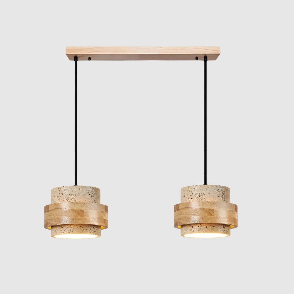 Cylinder pendant light featuring an adjustable height design and a natural travertine shade, perfect for modern kitchen lighting; includes dimmable functionality for customized ambiance 10