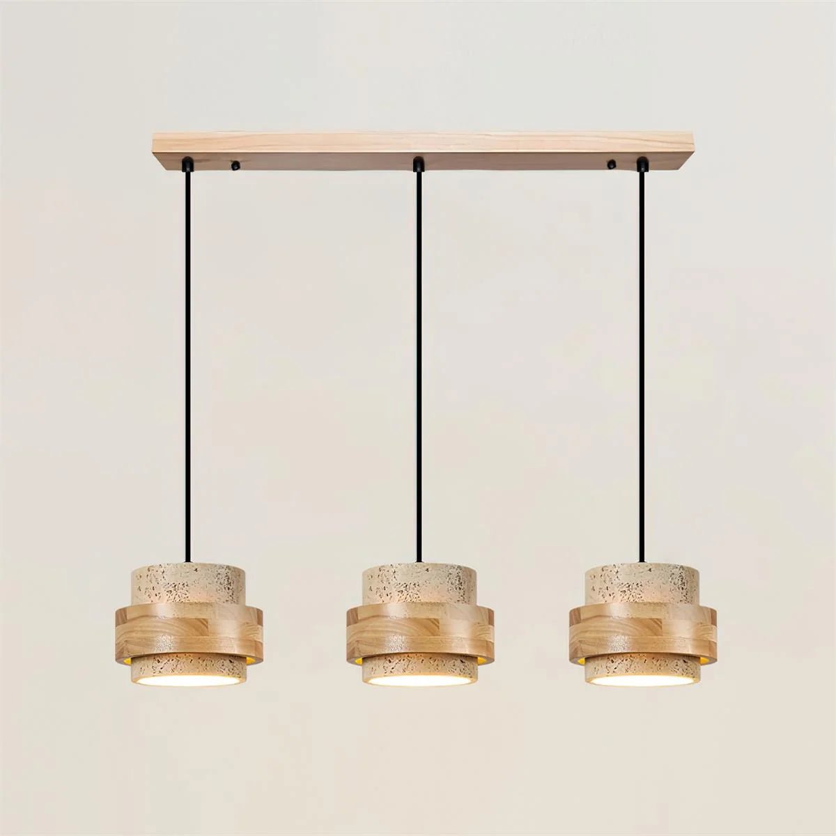 Cylinder pendant light featuring an adjustable height design and a natural travertine shade, perfect for modern kitchen lighting; includes dimmable functionality for customized ambiance 14