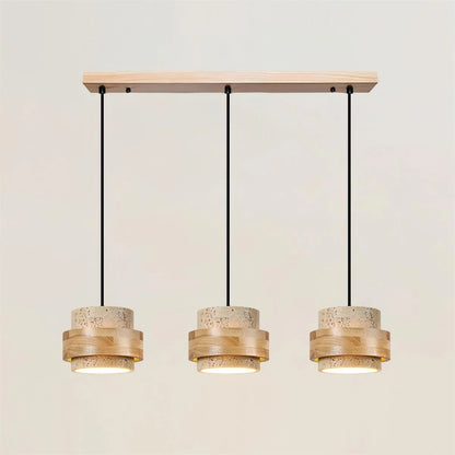 Cylinder pendant light featuring an adjustable height design and a natural travertine shade, perfect for modern kitchen lighting; includes dimmable functionality for customized ambiance 14