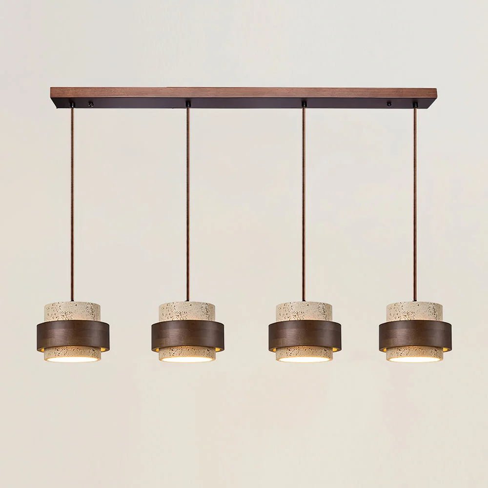 Cylinder pendant light featuring an adjustable height design and a natural travertine shade, perfect for modern kitchen lighting; includes dimmable functionality for customized ambiance 22