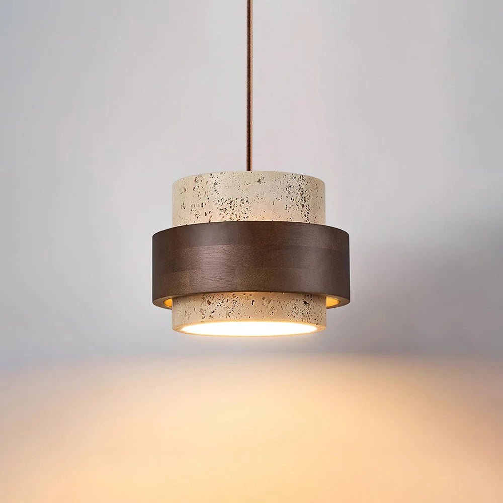 Cylinder pendant light featuring an adjustable height design and a natural travertine shade, perfect for modern kitchen lighting; includes dimmable functionality for customized ambiance 0