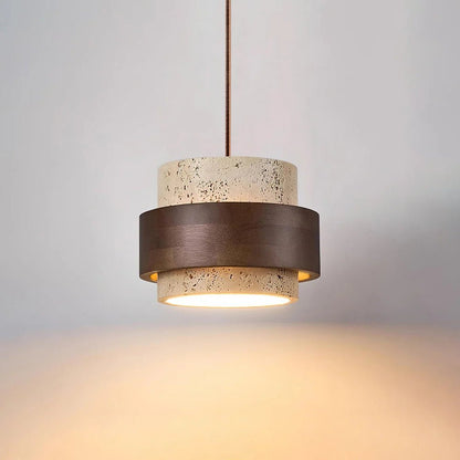 Cylinder pendant light featuring an adjustable height design and a natural travertine shade, perfect for modern kitchen lighting; includes dimmable functionality for customized ambiance 0