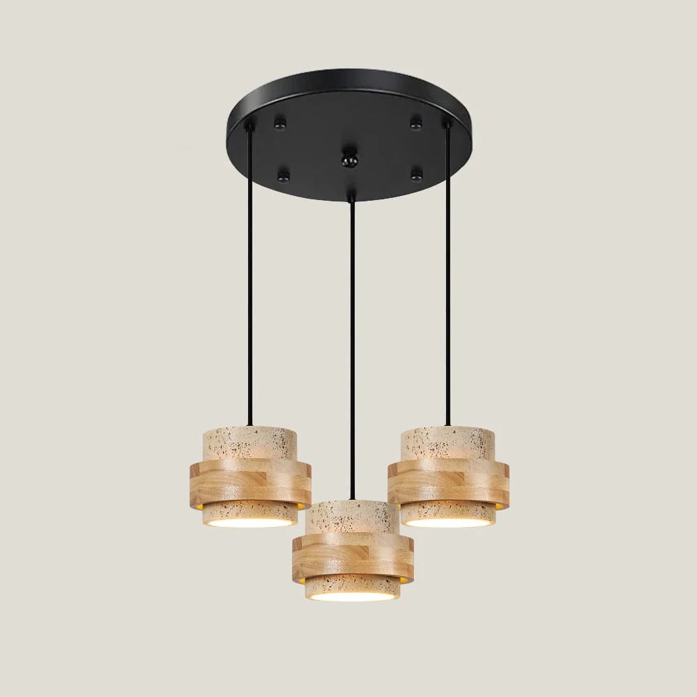 Cylinder pendant light featuring an adjustable height design and a natural travertine shade, perfect for modern kitchen lighting; includes dimmable functionality for customized ambiance 19
