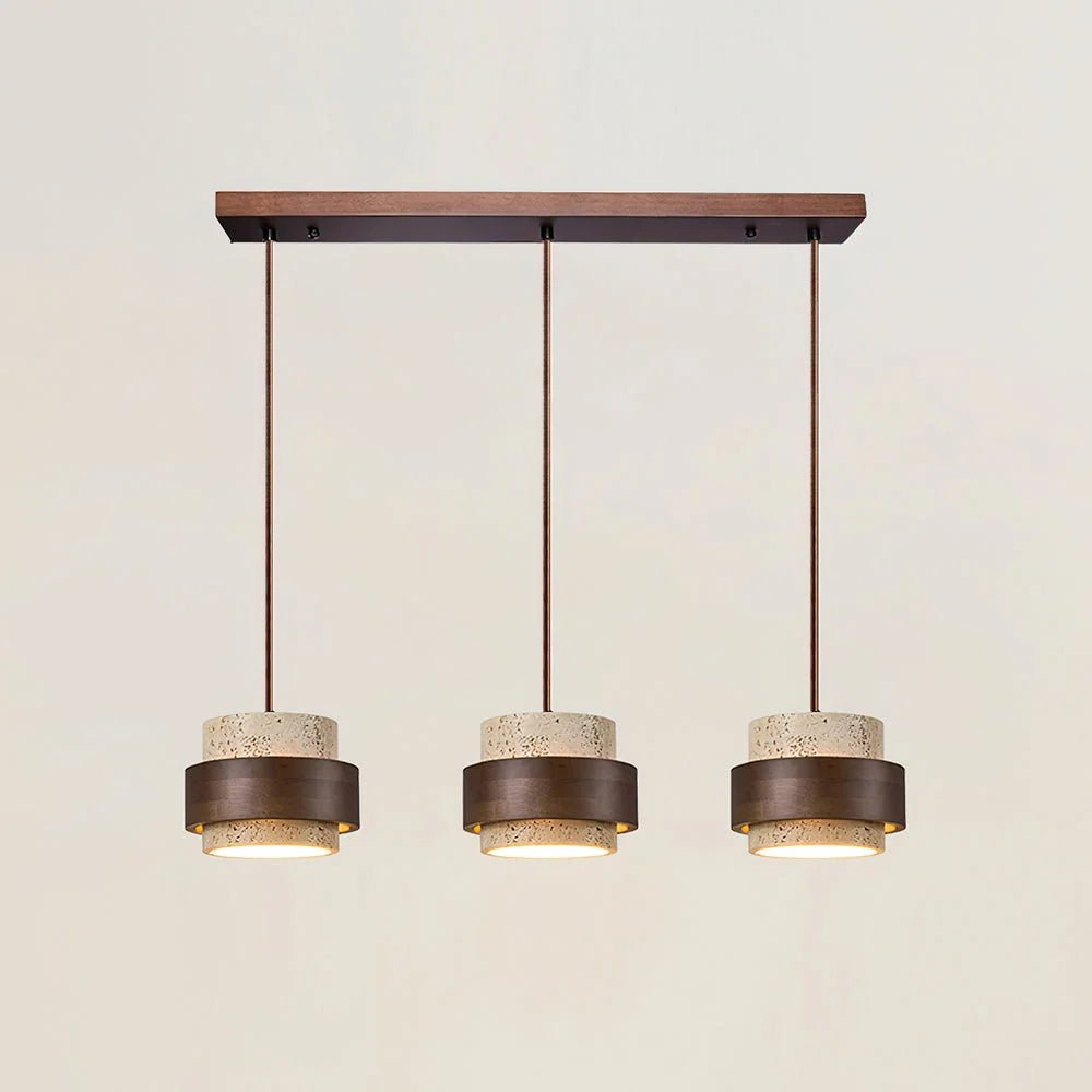 Cylinder pendant light featuring an adjustable height design and a natural travertine shade, perfect for modern kitchen lighting; includes dimmable functionality for customized ambiance 20