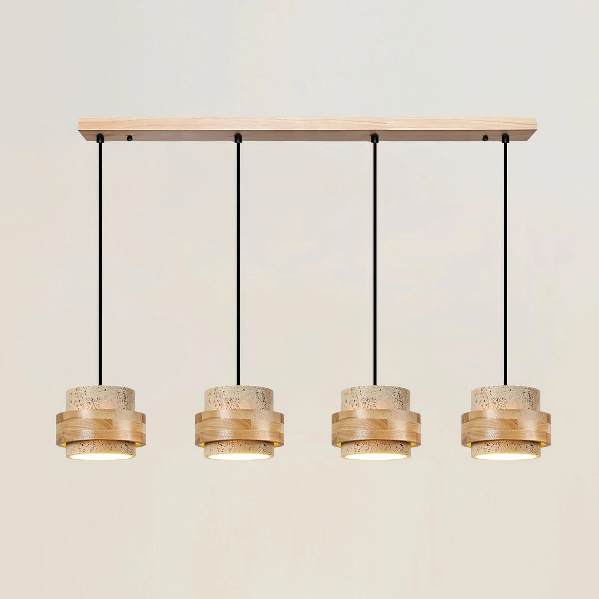 Cylinder pendant light featuring an adjustable height design and a natural travertine shade, perfect for modern kitchen lighting; includes dimmable functionality for customized ambiance 17