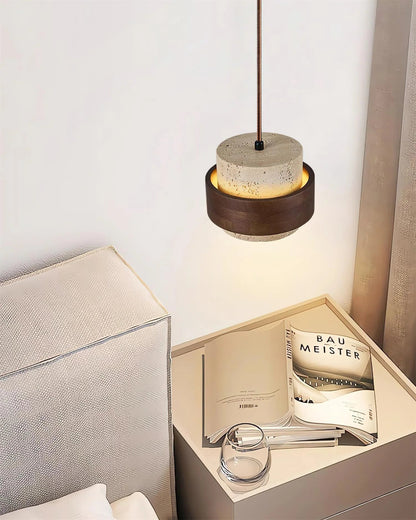 Cylinder pendant light featuring an adjustable height design and a natural travertine shade, perfect for modern kitchen lighting; includes dimmable functionality for customized ambiance 4