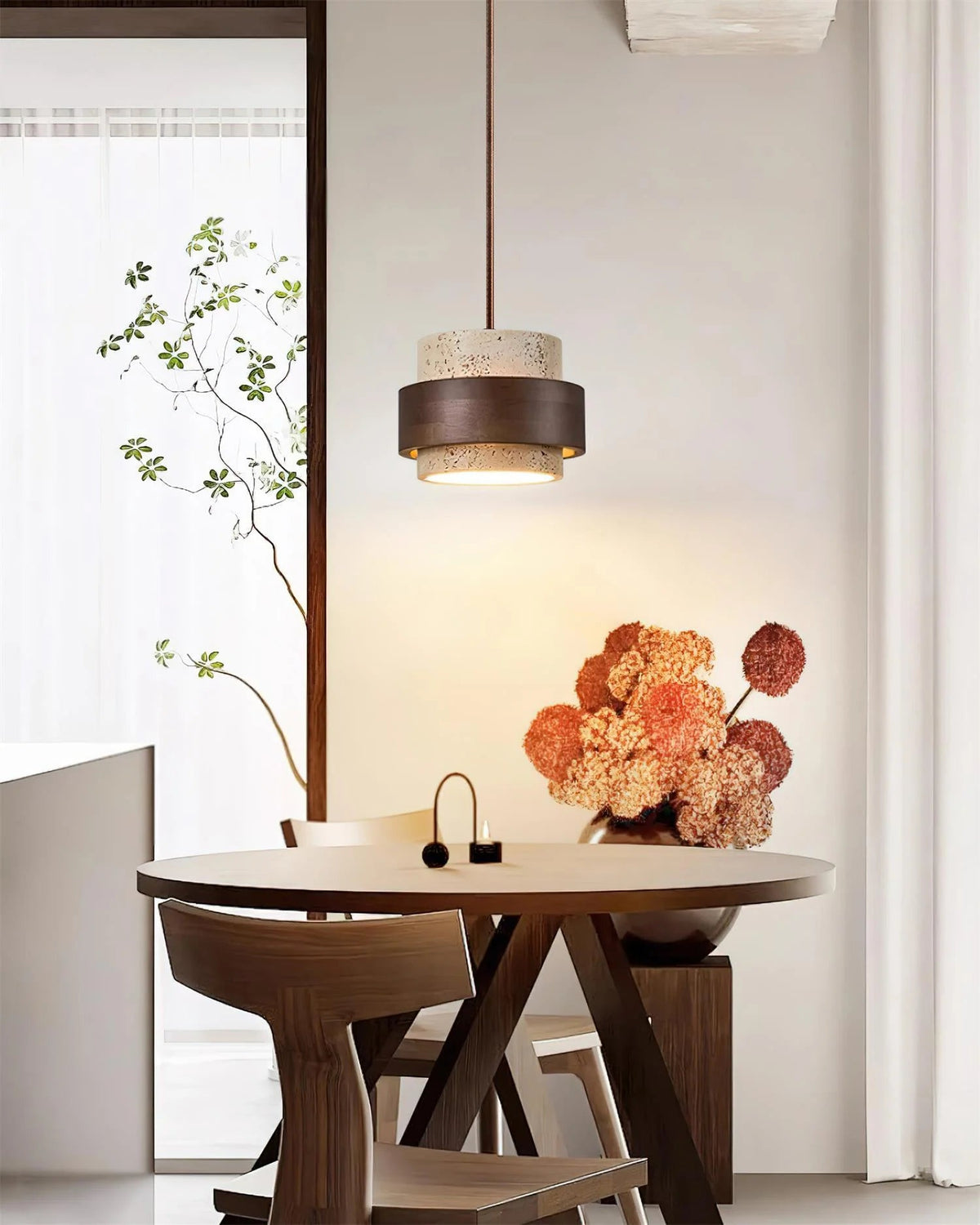 Cylinder pendant light featuring an adjustable height design and a natural travertine shade, perfect for modern kitchen lighting; includes dimmable functionality for customized ambiance 2