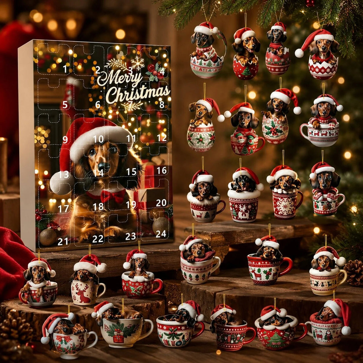 Dachshund Advent Calendar featuring 24 festive ornaments in a durable plastic countdown box, perfect for celebrating Christmas with a touch of whimsy. 1