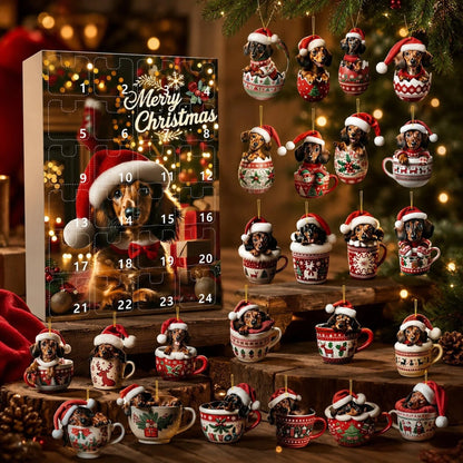 Dachshund Advent Calendar featuring 24 festive ornaments in a durable plastic countdown box, perfect for celebrating Christmas with a touch of whimsy. 1
