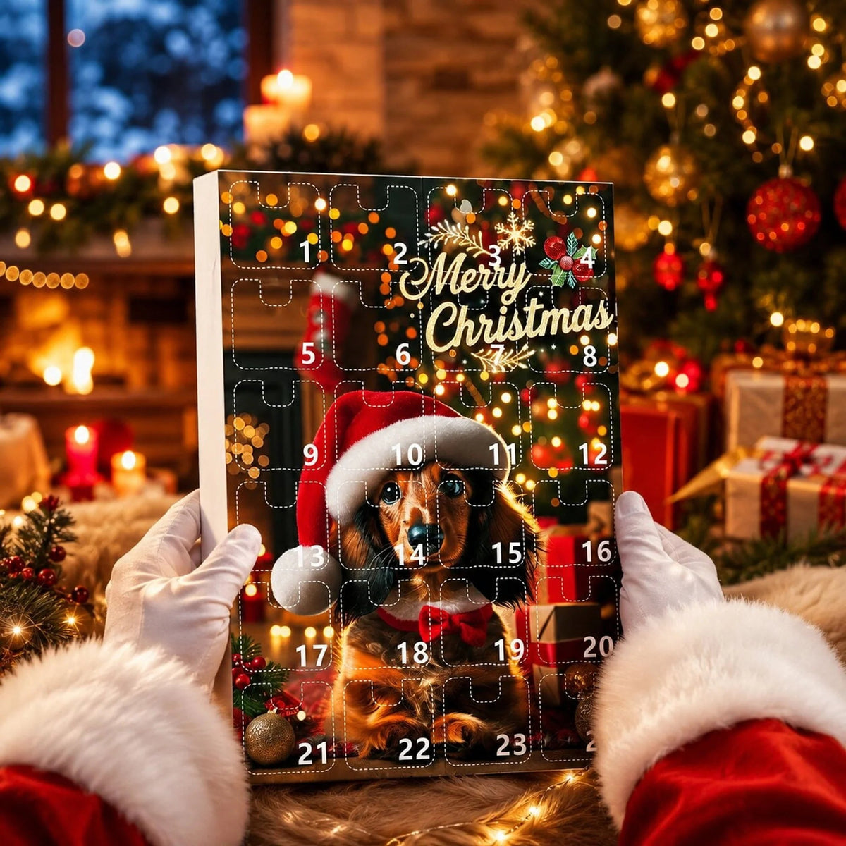 Dachshund Advent Calendar featuring 24 festive ornaments in a durable plastic countdown box, perfect for celebrating Christmas with a touch of whimsy. 0