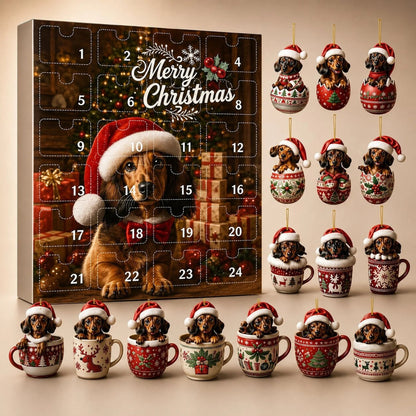 Dachshund Advent Calendar featuring 24 festive ornaments in a durable plastic countdown box, perfect for celebrating Christmas with a touch of whimsy. 5