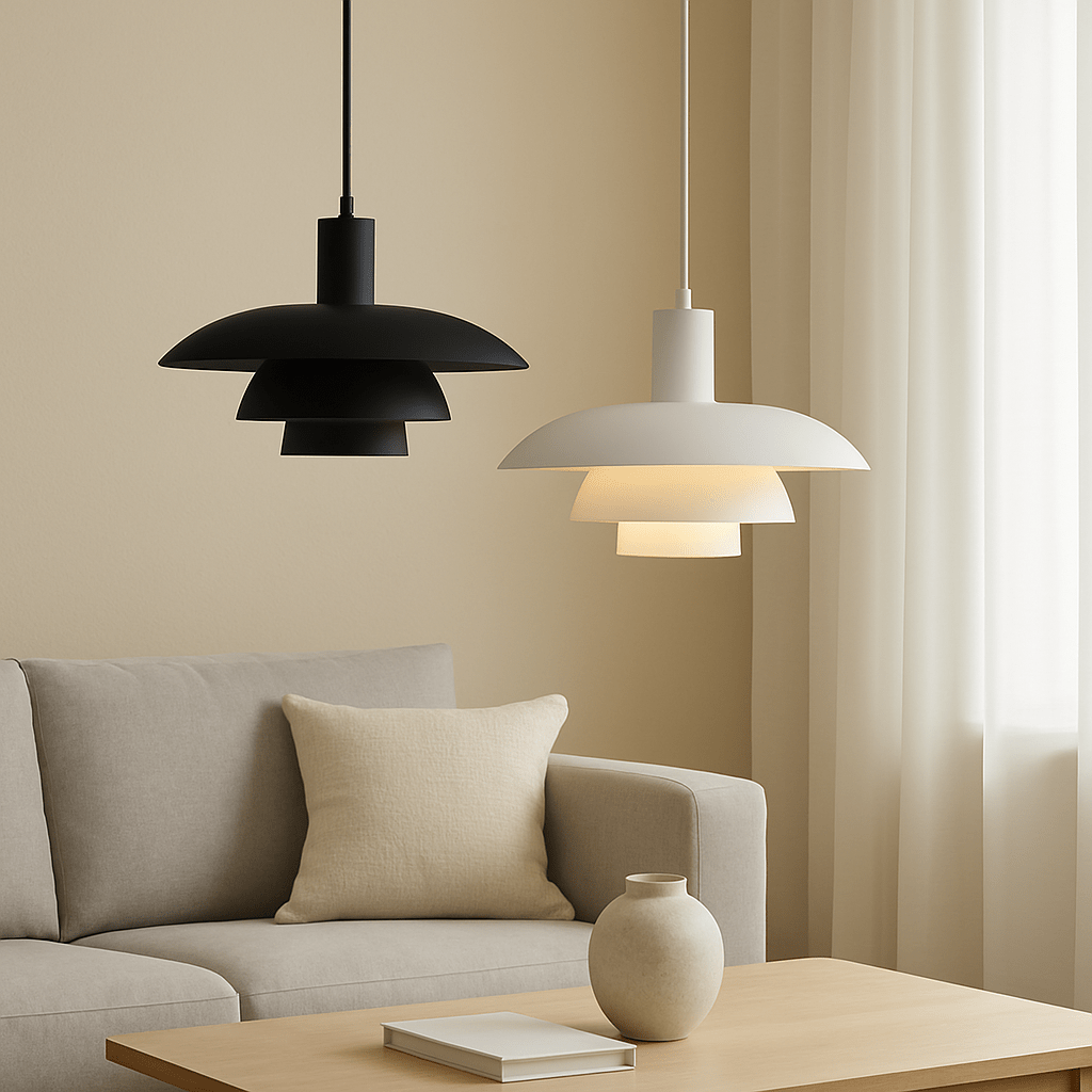 Danish style pendant lamp with integrated dimmable LED, available in 29cm and 39cm diameter, designed for kitchen islands with a sleek 1