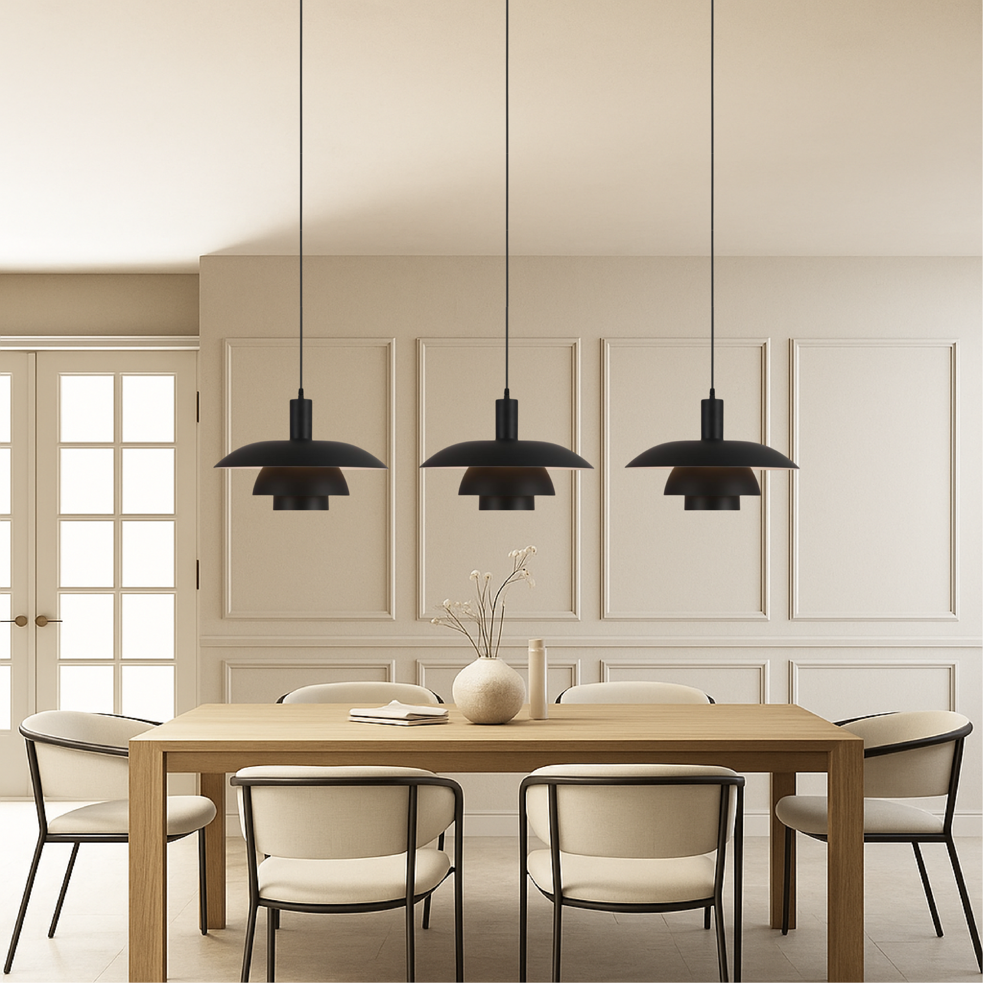 Danish style pendant lamp with integrated dimmable LED, available in 29cm and 39cm diameter, designed for kitchen islands with a sleek 5