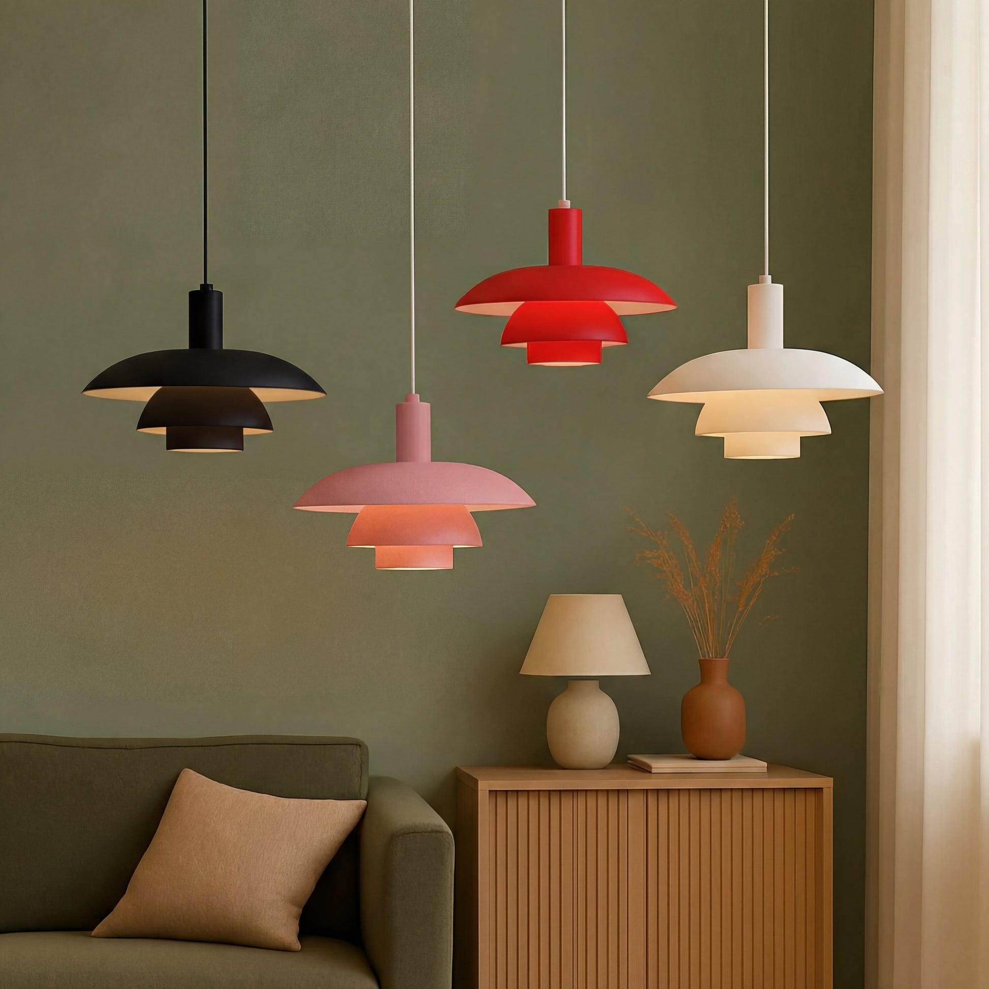 Danish style pendant lamp with integrated dimmable LED, available in 29cm and 39cm diameter, designed for kitchen islands with a sleek 6
