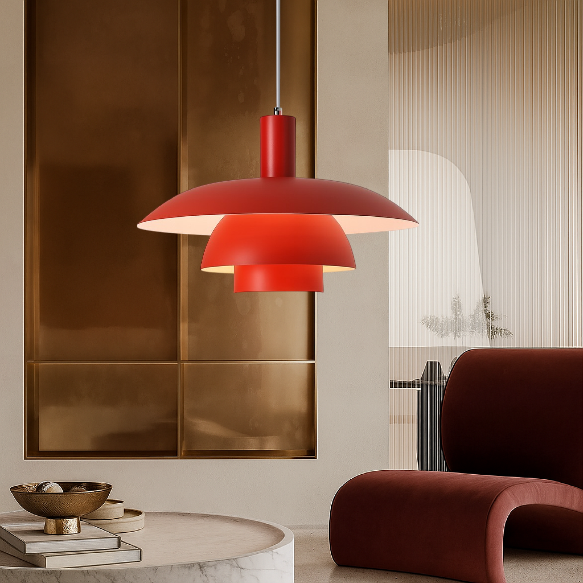 Danish style pendant lamp with integrated dimmable LED, available in 29cm and 39cm diameter, designed for kitchen islands with a sleek 10