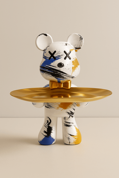Decorative bear statue in graffiti style holding a gold bowl, perfect for modern home decor and unique accents. 9