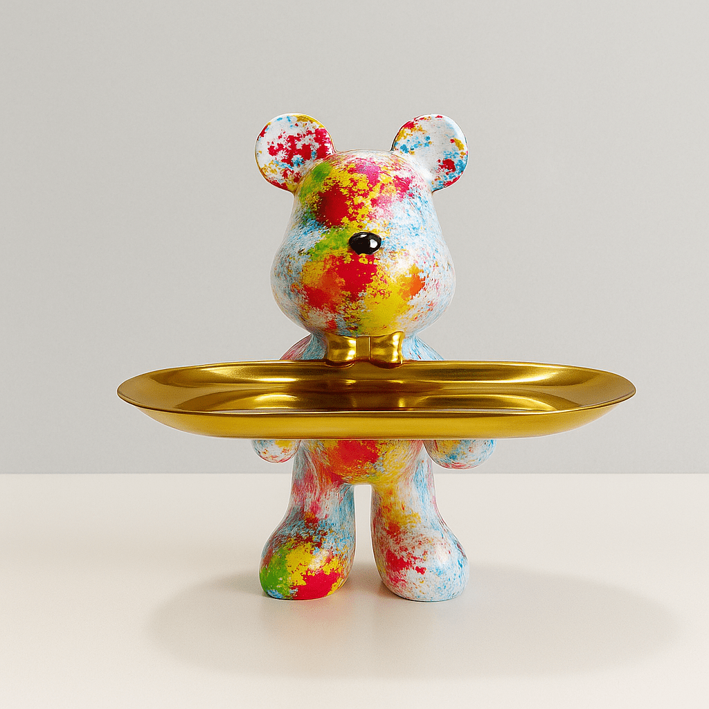 Decorative bear statue in graffiti style holding a gold bowl, perfect for modern home decor and unique accents. 7