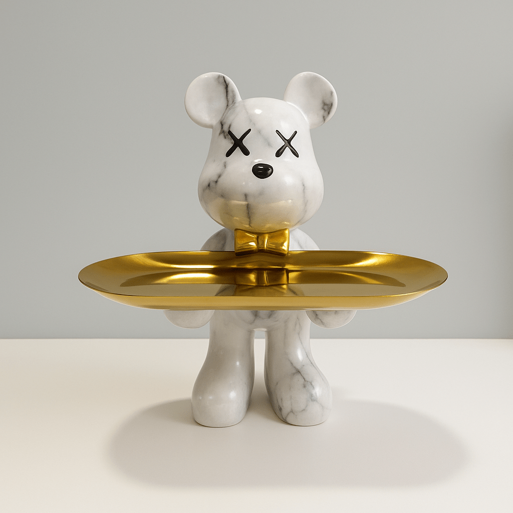 Decorative bear statue in graffiti style holding a gold bowl, perfect for modern home decor and unique accents. 2
