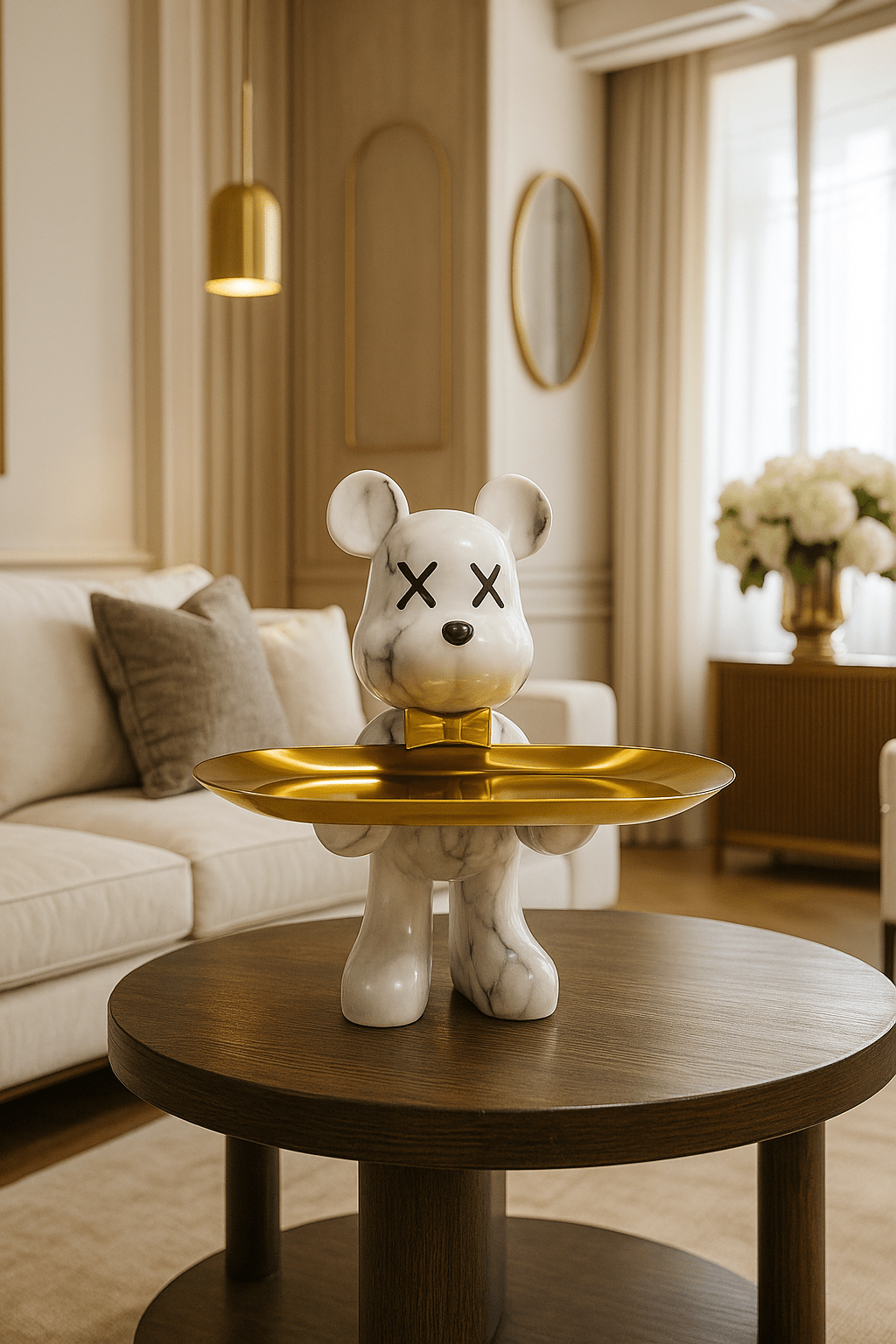 Decorative bear statue in graffiti style holding a gold bowl, perfect for modern home decor and unique accents. 5