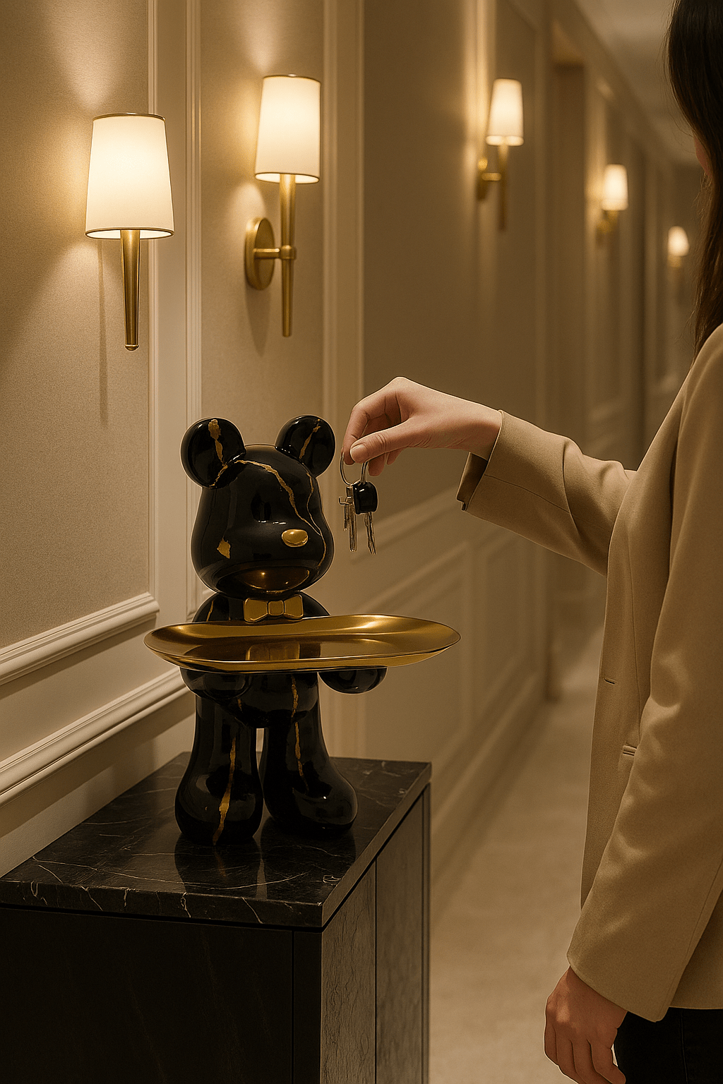 Decorative bear statue in graffiti style holding a gold bowl, perfect for modern home decor and unique accents. 1