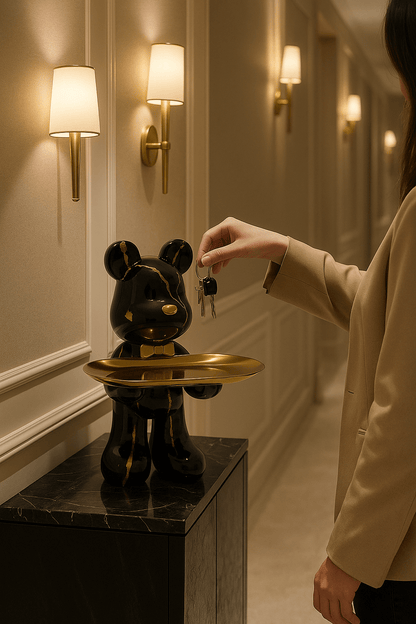 Decorative bear statue in graffiti style holding a gold bowl, perfect for modern home decor and unique accents. 1