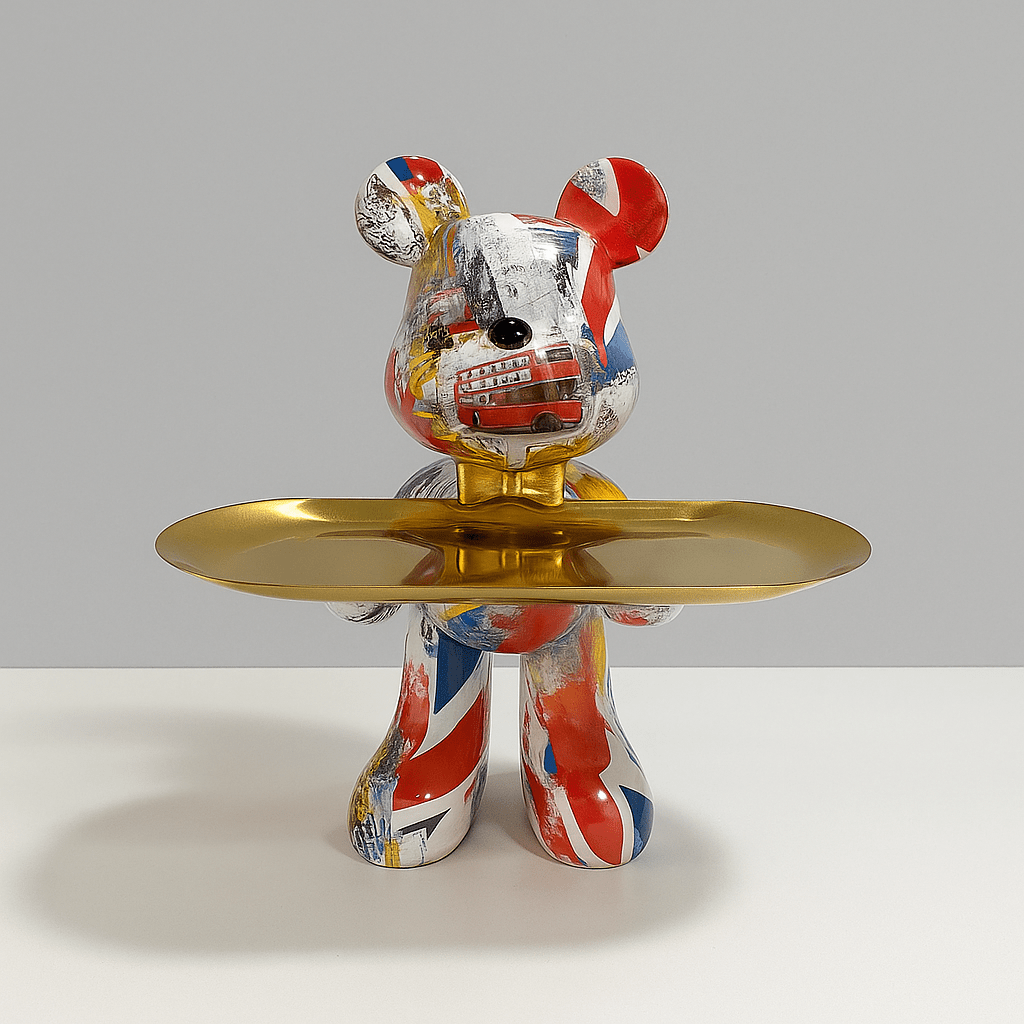 Decorative bear statue in graffiti style holding a gold bowl, perfect for modern home decor and unique accents. 4