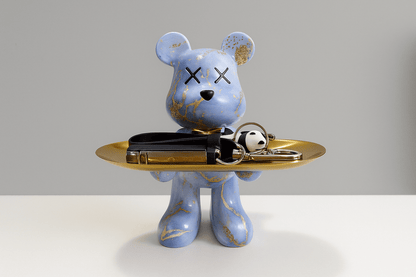 Decorative bear statue in graffiti style holding a gold bowl, perfect for modern home decor and unique accents. 0
