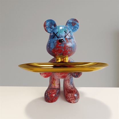 Decorative bear statue in graffiti style holding a gold bowl, perfect for modern home decor and unique accents. 3